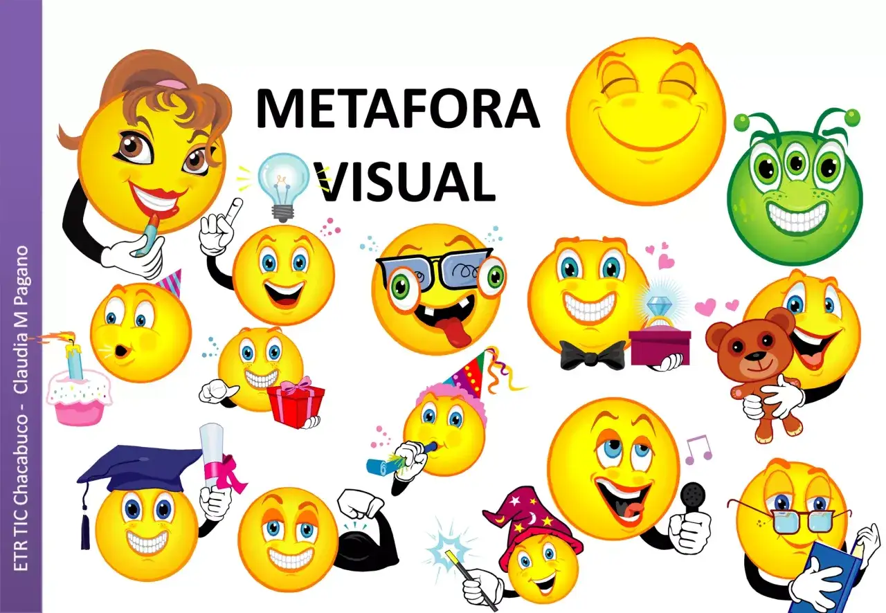 Emoticonos divertidos y coloridos ilustran ejemplos de metáforas para niños, como un graduado, un mago y un cantante.