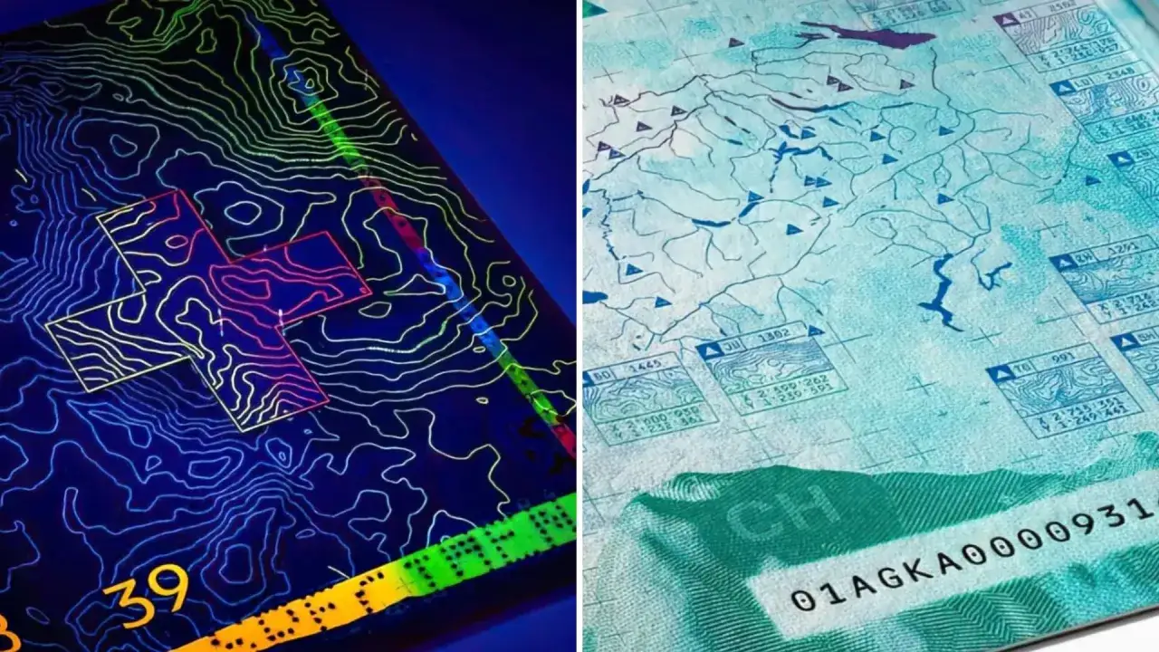 Szwajcaria czy potrzebny paszport? Mapa topograficzna i dane paszportowe z kodem kreskowym.