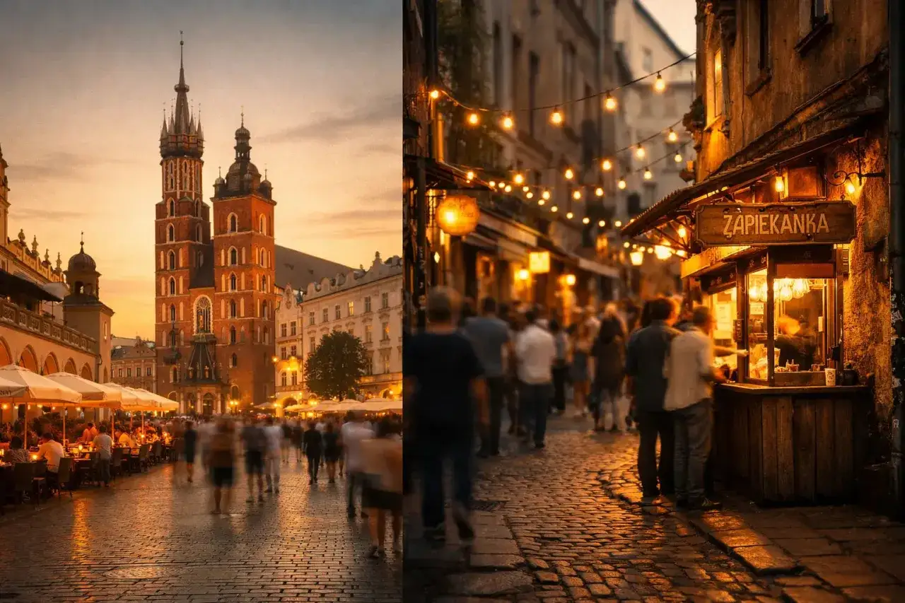 Wieczorny Kraków: Rynek Główny z Kościołem Mariackim i klimatyczna uliczka z zapiekanką. Idealne atrakcje w Krakowie dla dorosłych.