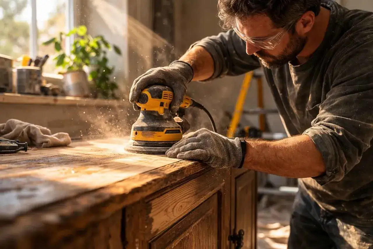 Un artisan utilise une ponceuse pour pr&eacute;parer un meuble en bois avant de le peindre. La poussi&egrave;re vole autour de l'outil.