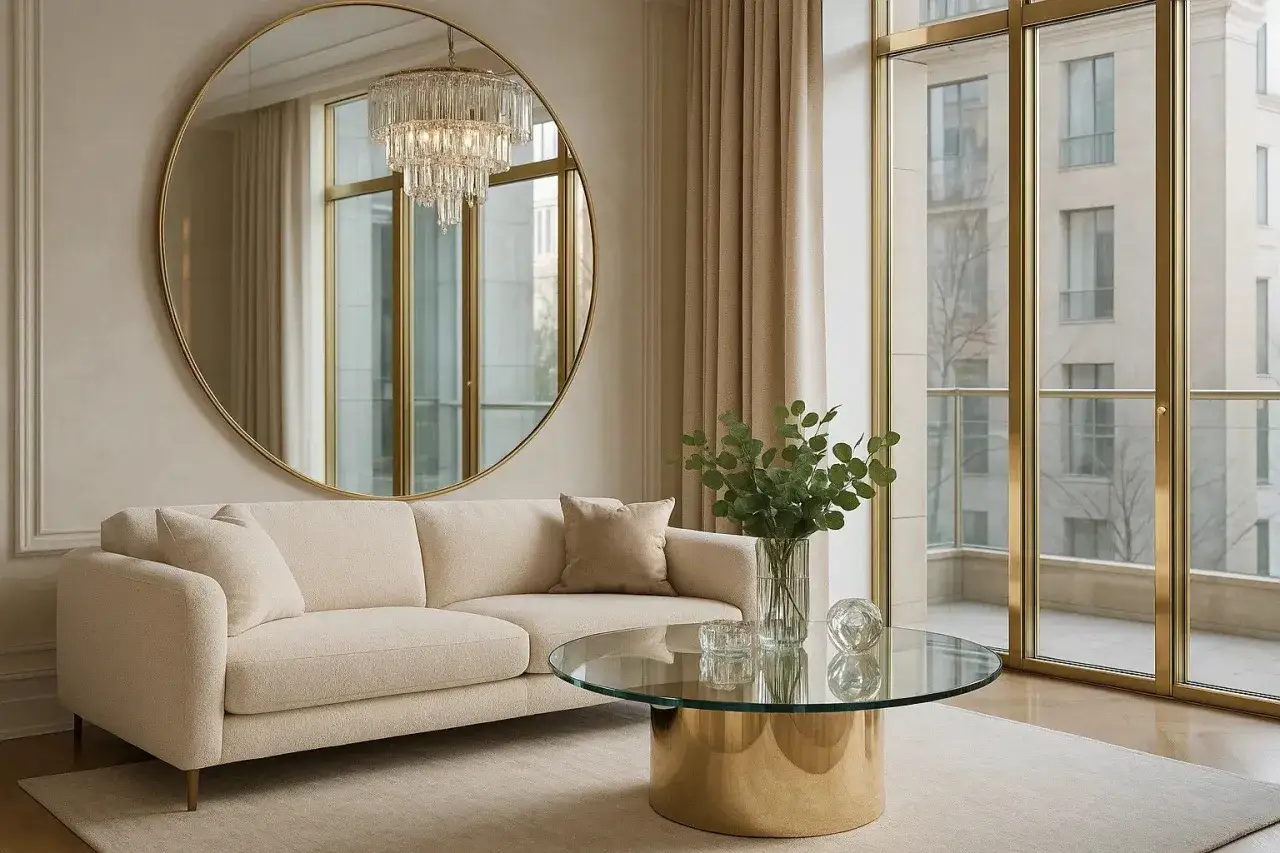 Sof&aacute; crema con textura de **pintura aterciopelada**, espejo redondo dorado, mesa de cristal y cortinas beige.