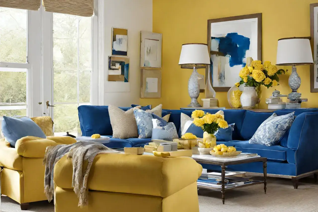 Ein gemütliches wohnzimmer blau gelb mit einem tiefblauen Sofa, gelben Akzenten und fröhlichen Blumen.
