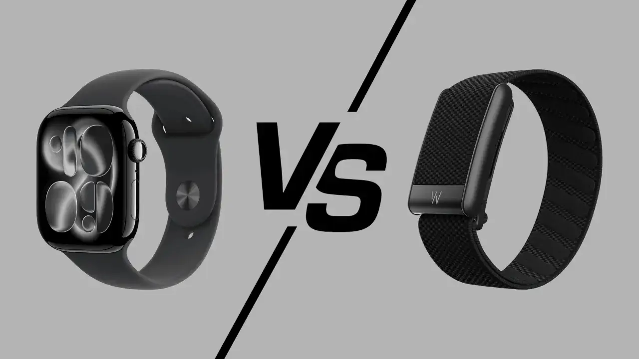 Vergleich: Eine schwarze Apple Watch mit Zifferblatt steht einer Whoop-Band gegen&uuml;ber.