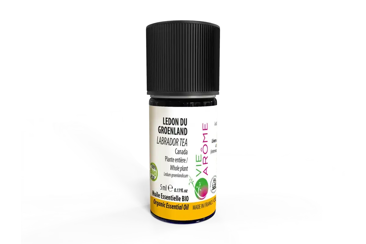 Flacon d'huile essentielle bio de Ledon du Groenland (Labrador Tea), 5ml, produit au Canada.