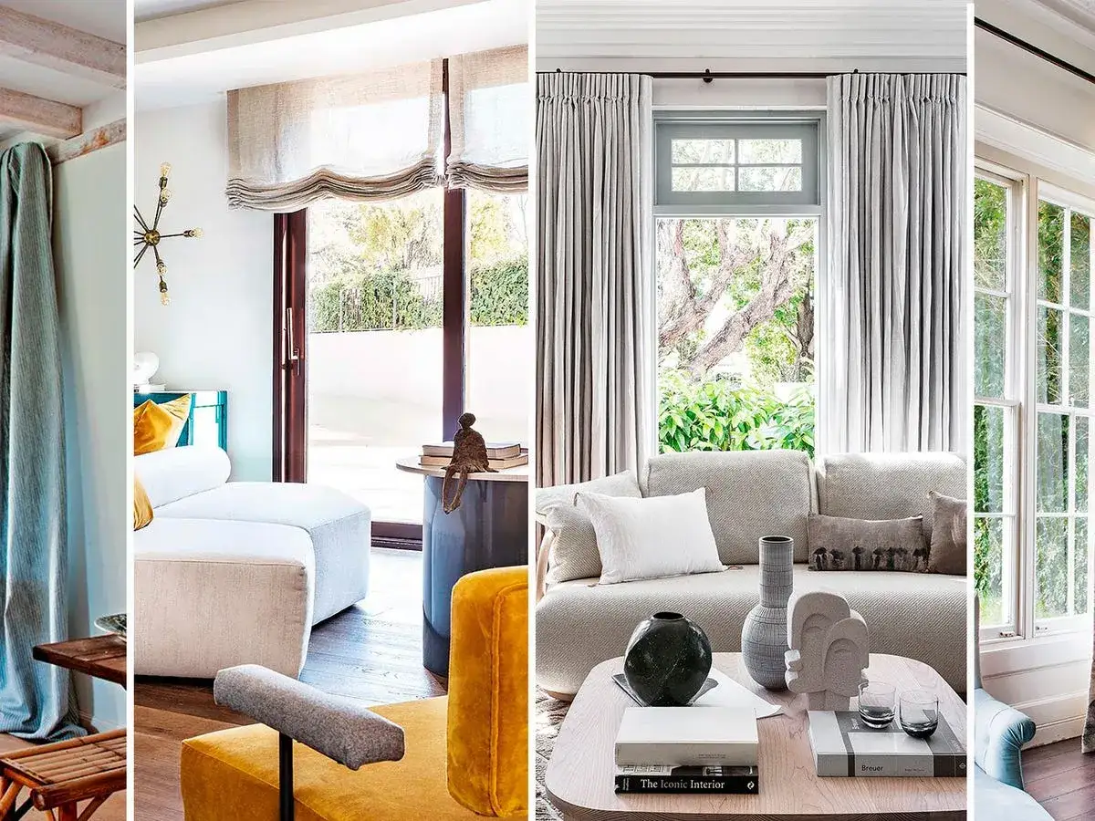Variedad de tipos de cortinas para ventanas: visillos, enrollables y plisadas, en salones modernos y luminosos.