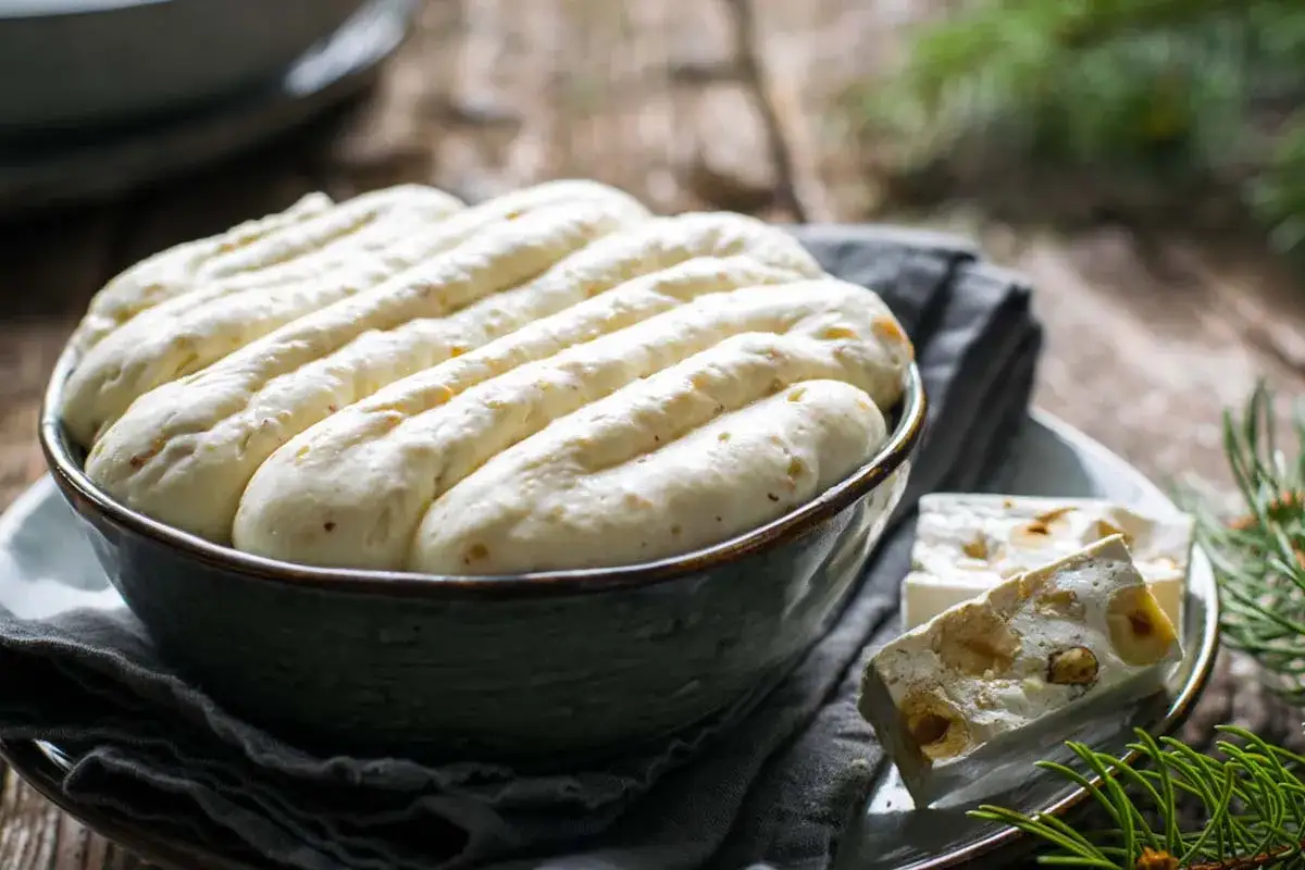 Crema torrone soffice in una ciotola, con pezzi di torrone alle nocciole accanto.