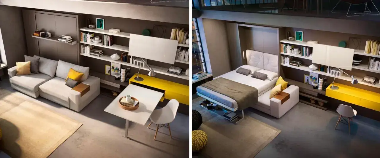 Un divano si trasforma in letto, creando una soluzione intelligente per camera da letto e cameretta insieme.