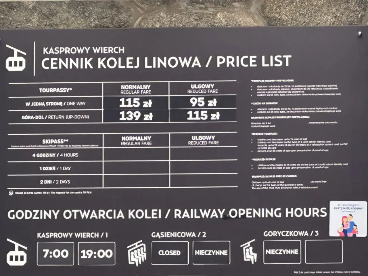 Cennik kolejka Kasprowy Wierch