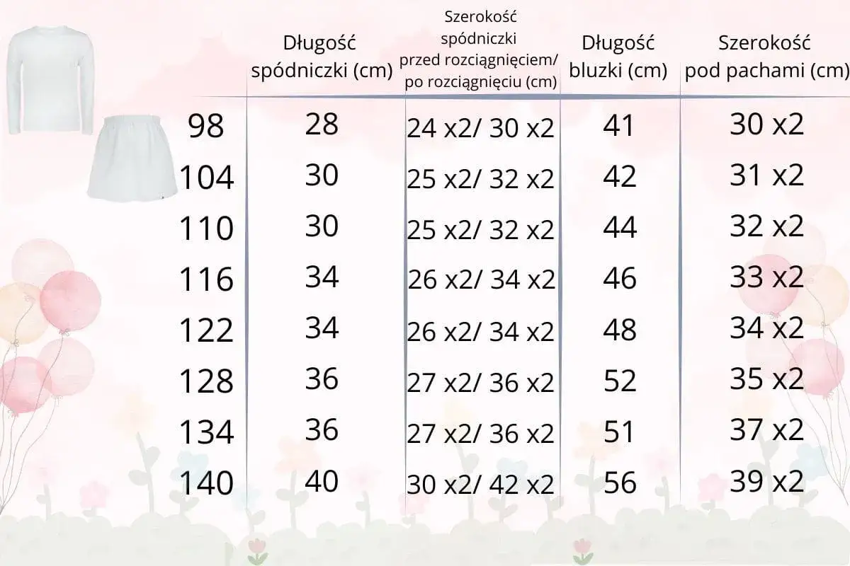 tabela rozmiarów bluzka dziewczynka 140