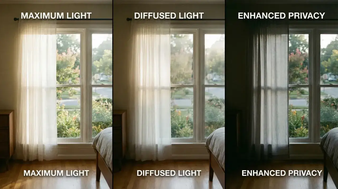 Three panels show how to choose best window coverings: maximum light, diffused light, and enhanced privacy.