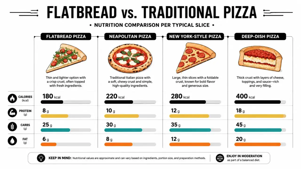 J&auml;mf&ouml;relse av pizza kalorier: flatbread (180 kcal), napolitansk (220 kcal), New York-stil (280 kcal) och deep-dish (400 kcal).