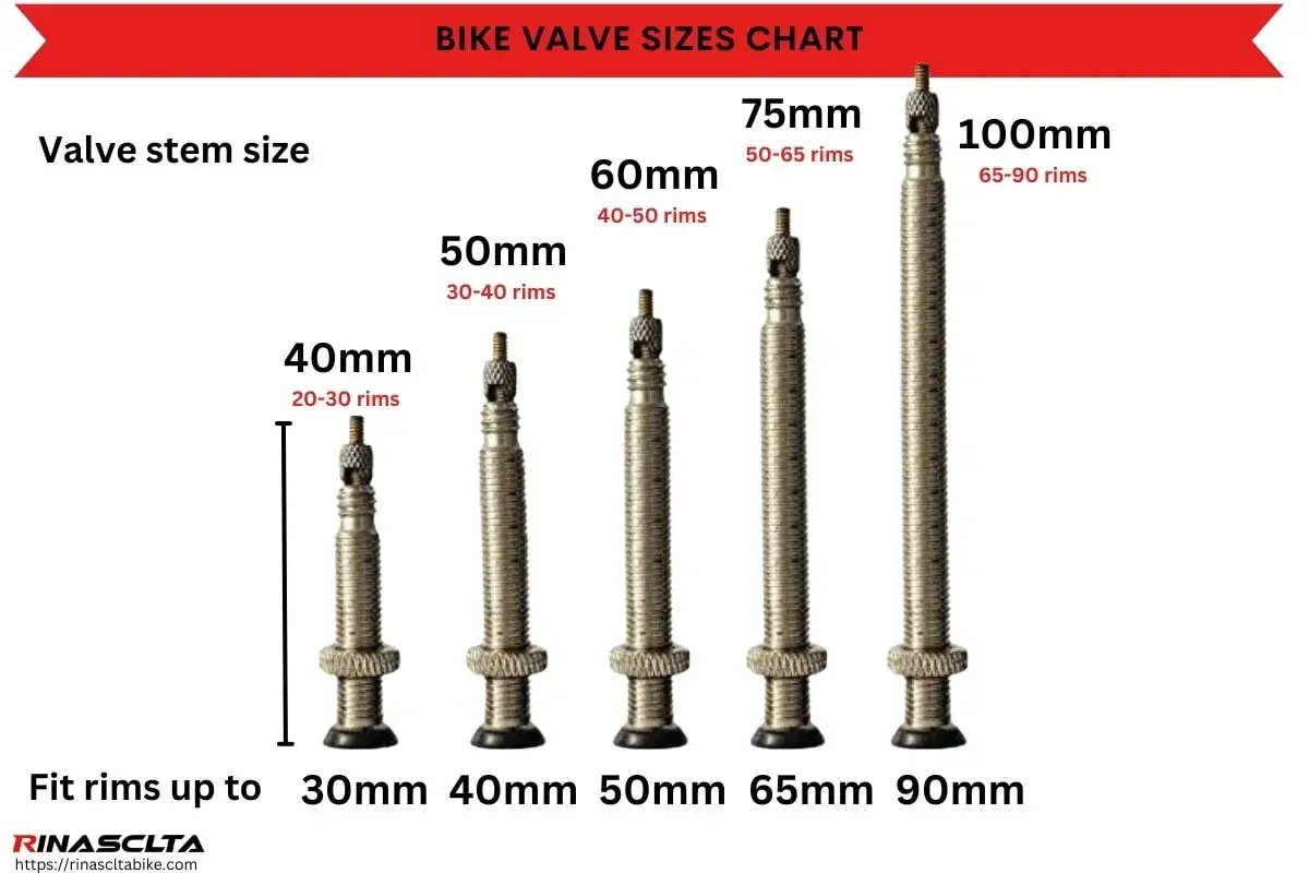 Tabela porównująca różne rodzaje wentyli rowerowych: 40mm, 50mm, 60mm, 75mm i 100mm, wraz z dopasowaniem do obręczy.