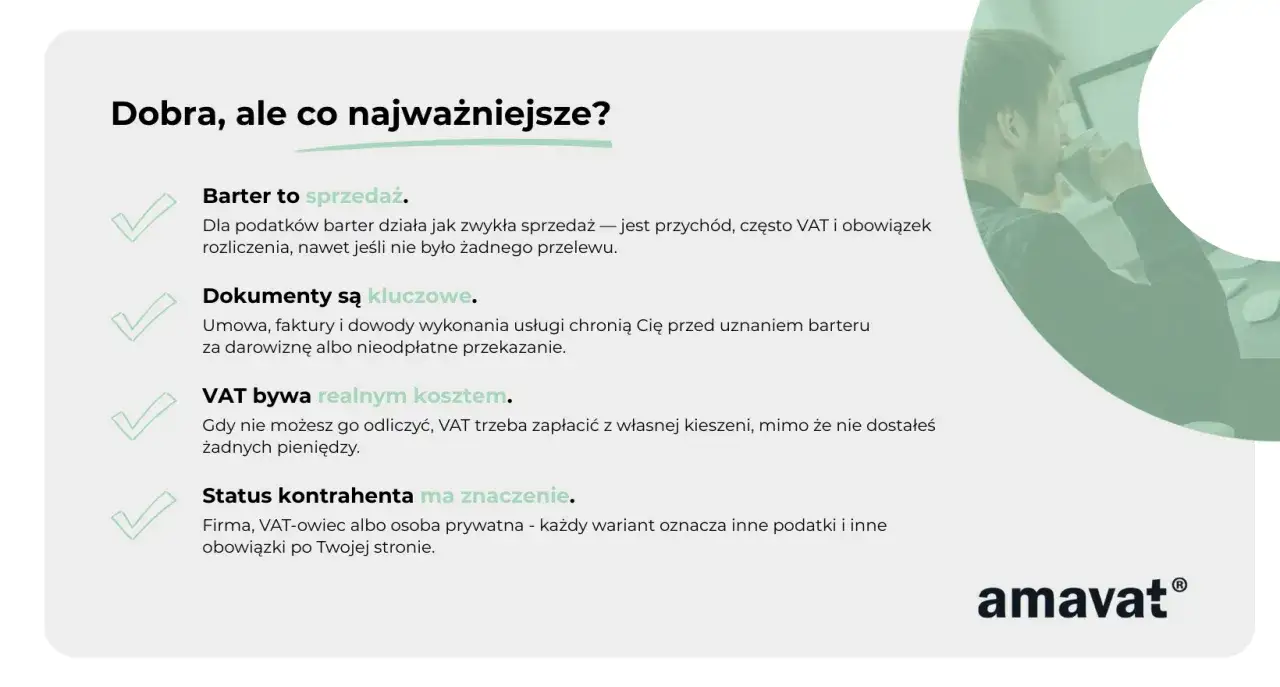 Dla podatków barter działa jak sprzedaż. Kluczowe są dokumenty, VAT bywa kosztem, a status kontrahenta ma znaczenie.