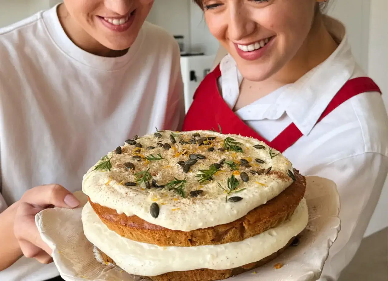 Due persone sorridono mostrando una deliziosa carrot cake decorata con semi di zucca e scorza d'arancia.