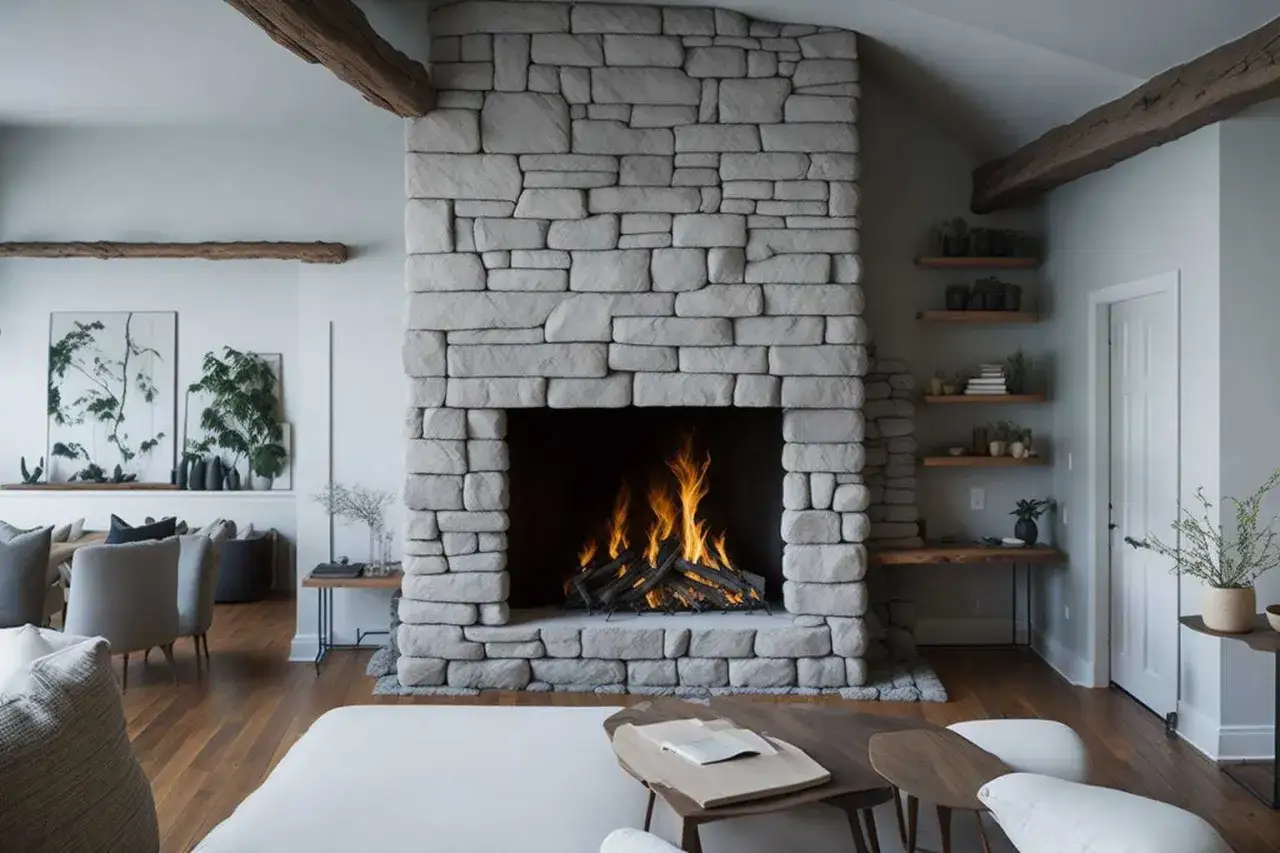 Chimenea de obra r&uacute;stica con fuego crepitante, un ejemplo de los diversos tipos de chimeneas de obra que aportan calidez.