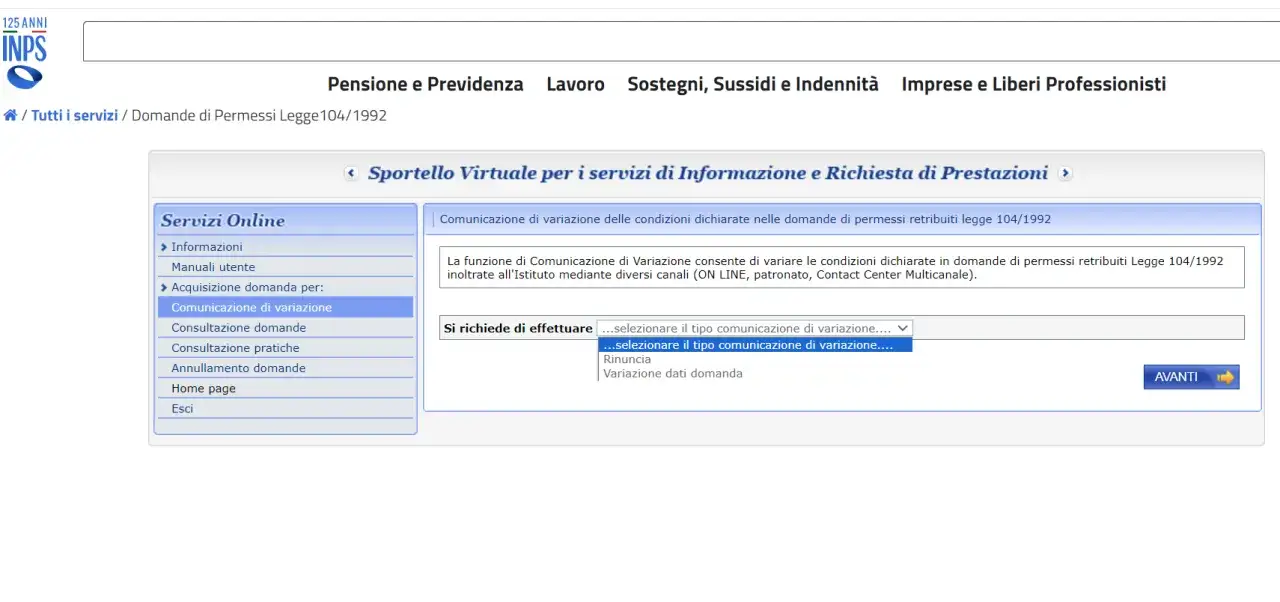 Schermata INPS per comunicazioni di variazione permessi Legge 104/1992. Si seleziona il tipo di variazione, utile anche in caso di separazione.