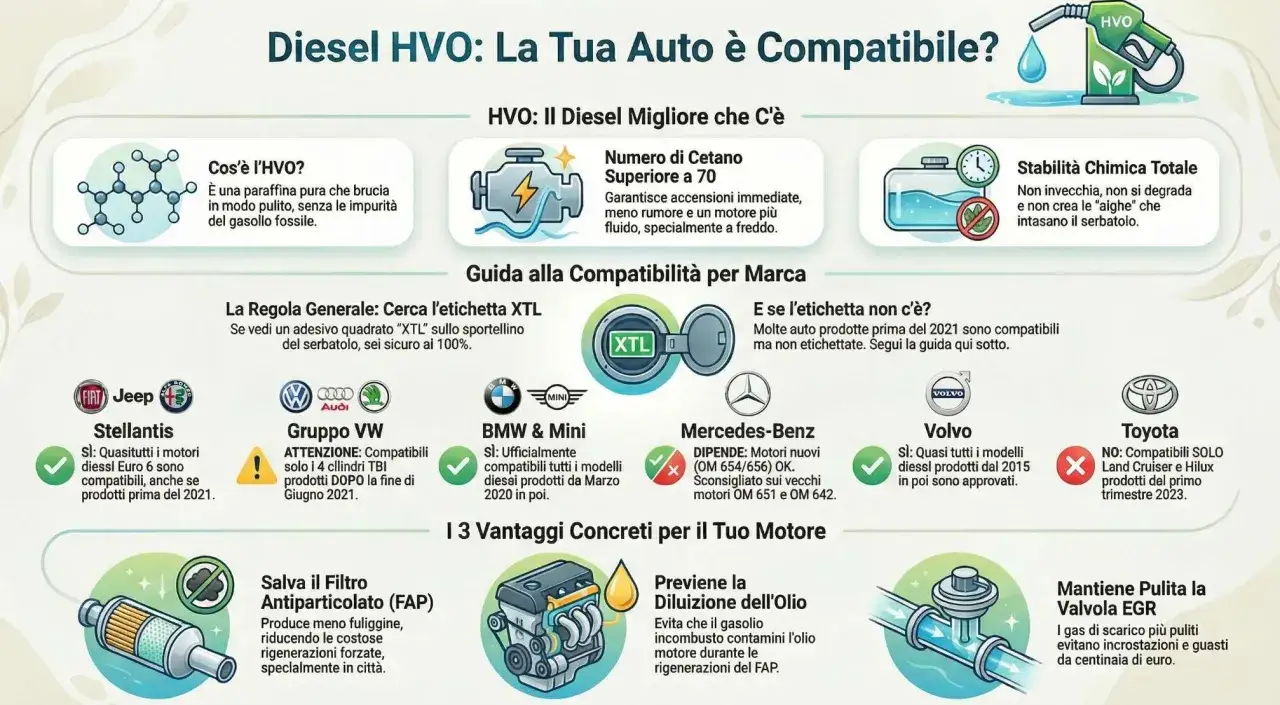HVO, un carburante a base di paraffina pura, offre vantaggi per il motore e l'ambiente, con compatibilità variabile per marca auto.