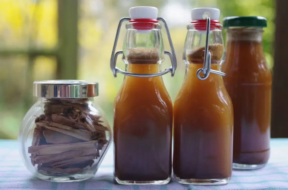 Słoik z cynamonem i butelki z płynem. Czy to oxymel? Naturalny syrop z miodu i octu jabłkowego, idealny na przeziębienie.
