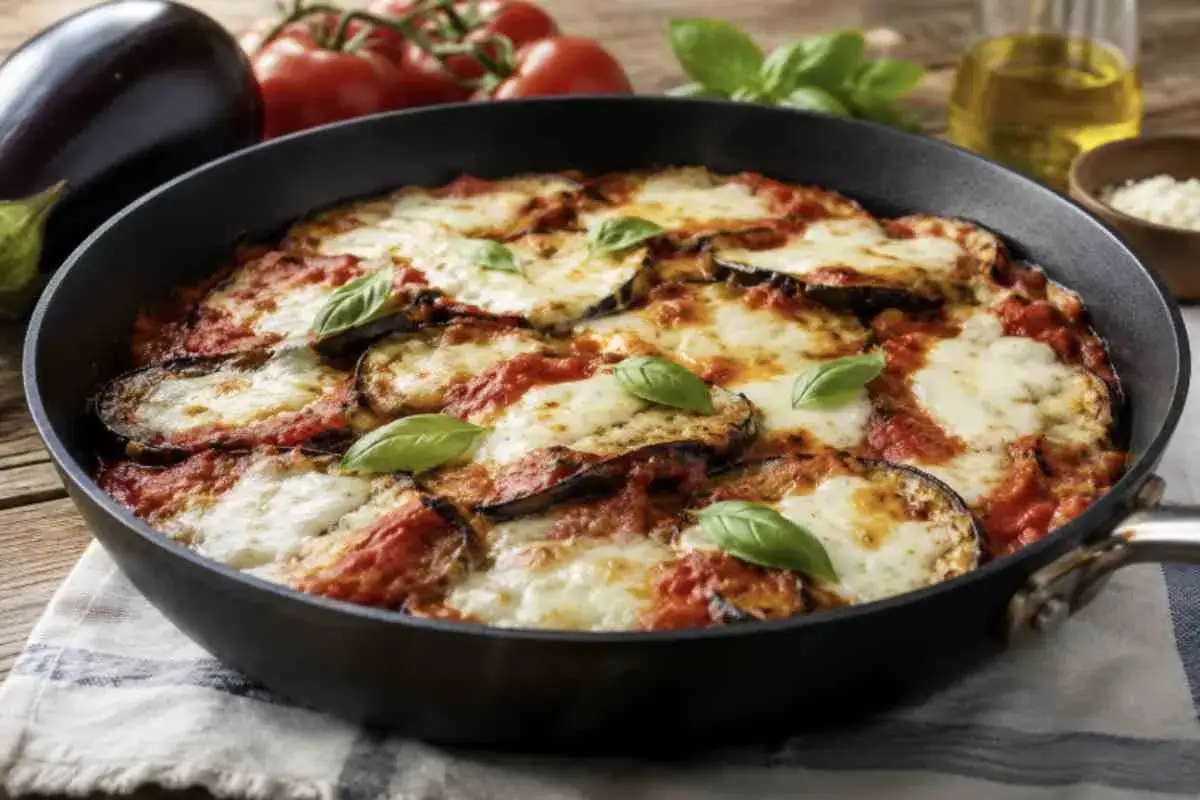 Parmigiana in padella, un piatto ricco e saporito con melanzane, pomodoro e mozzarella filante, guarnito con basilico fresco.