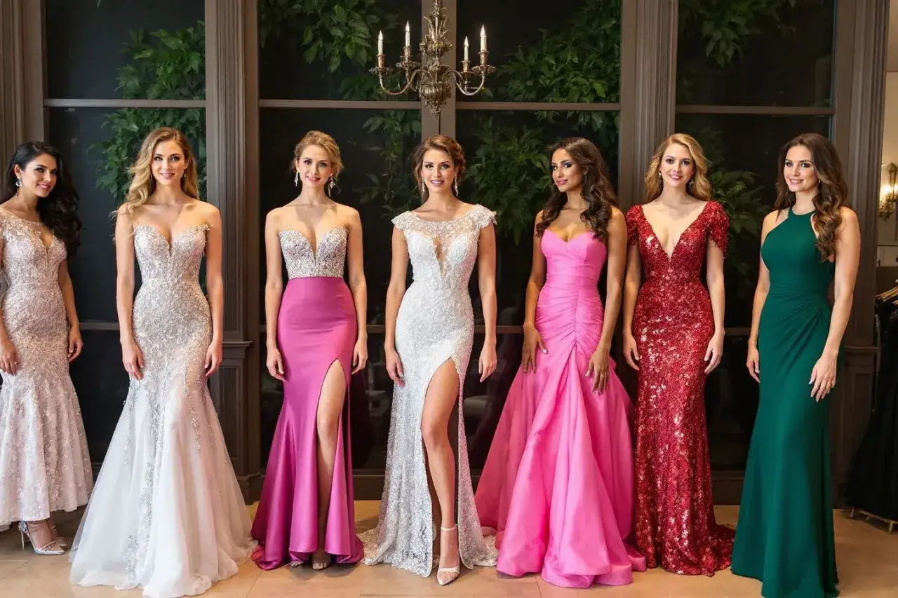 Six femmes minces portent de magnifiques robes de soirée, allant du rose vif au vert émeraude, certaines ornées de paillettes.
