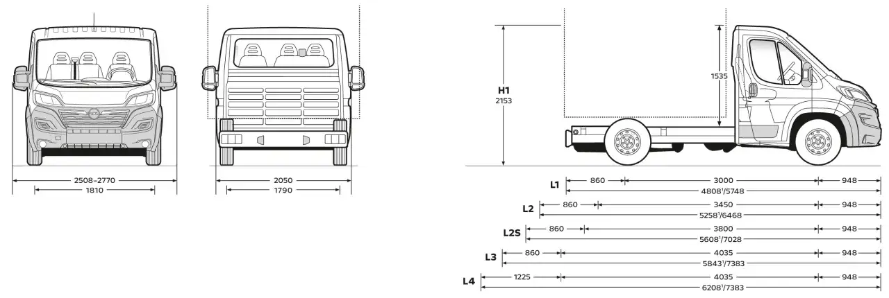 Schemat techniczny busa 3.5 tony z wymiarami. Widok z przodu, z tyłu i z boku z oznaczeniami długości i wysokości.