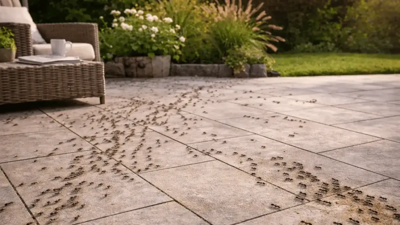Ameisen marschieren &uuml;ber Terrassenplatten. Ein Gartenm&ouml;bel steht im Hintergrund. Zeit, nach Hausmittel gegen Ameisen zu suchen!