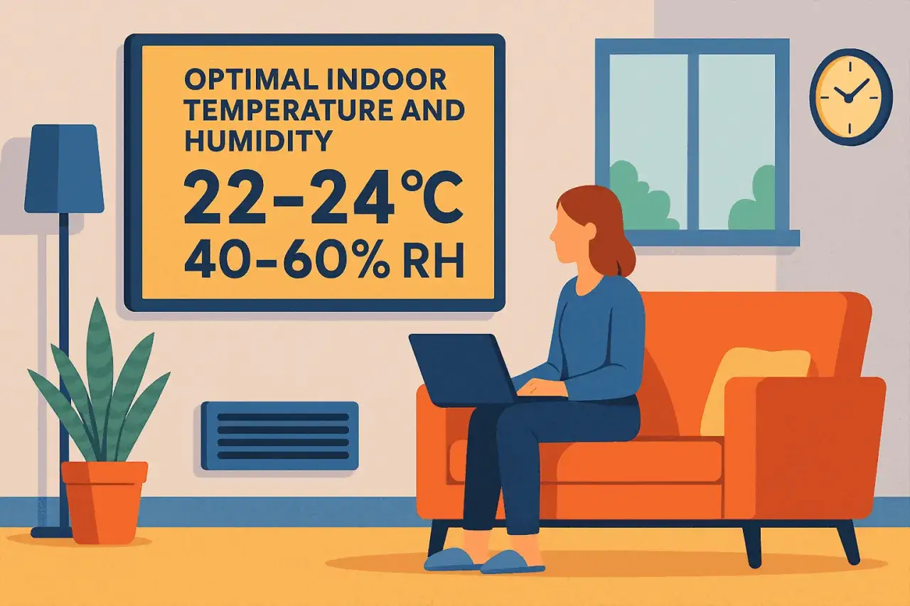 Una mujer en un sofá con portátil, junto a una tabla temperatura humedad ideal: 22-24°C y 40-60% RH.