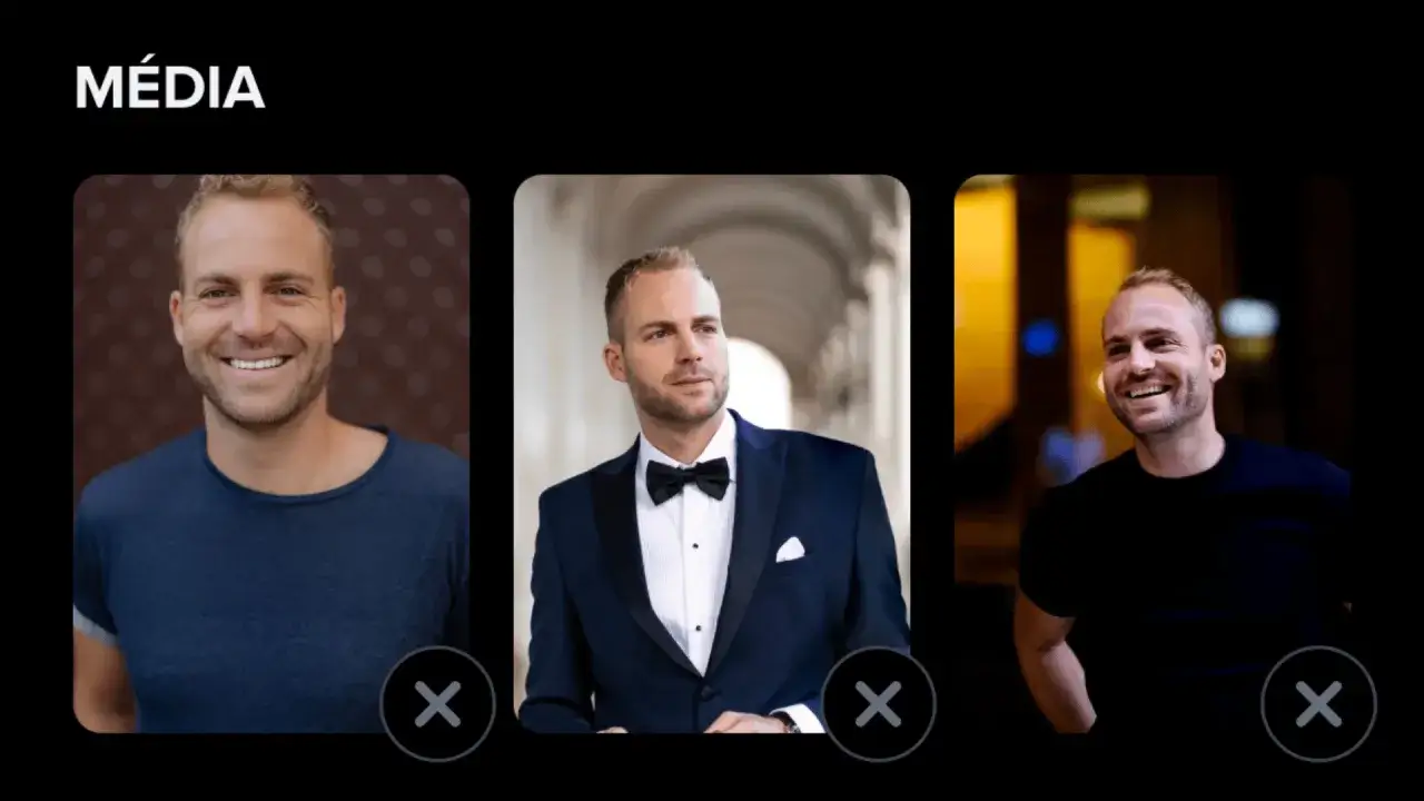 Profil d'un tinder homme souriant, en tenue d&eacute;contract&eacute;e, en costume, et en t-shirt noir.