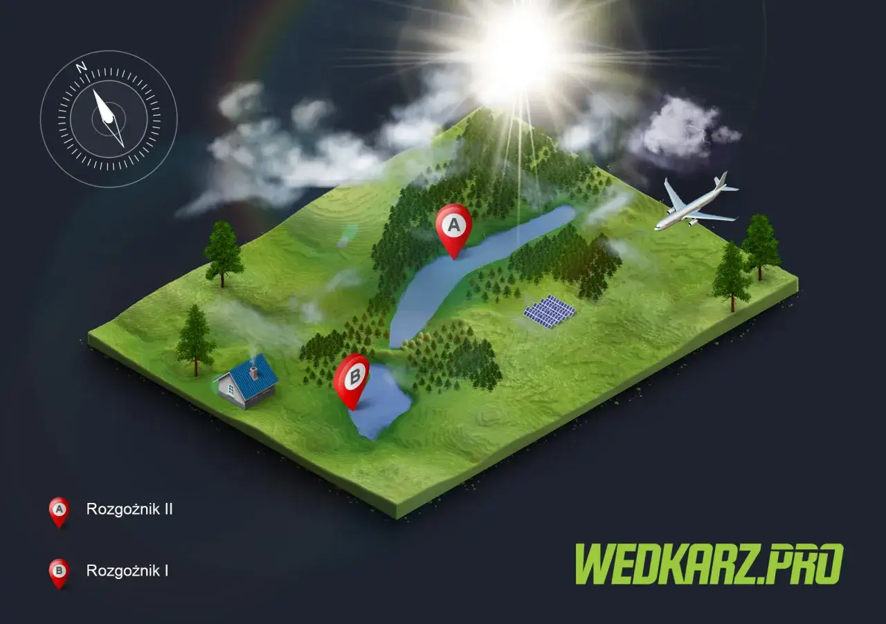 Tr&oacute;jwymiarowy widok krajobrazu z zaznaczonymi punktami A i B na jeziorze Rogoźnik. W tle samolot i słońce.