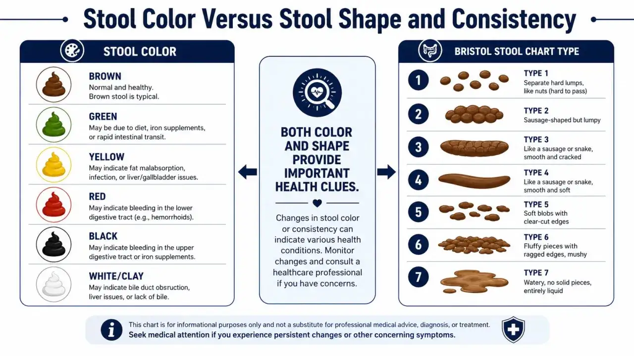 Grafico che illustra i colori delle feci, dal marrone al giallo, e le loro possibili cause. Indica che le feci gialle possono indicare problemi di malassorbimento.