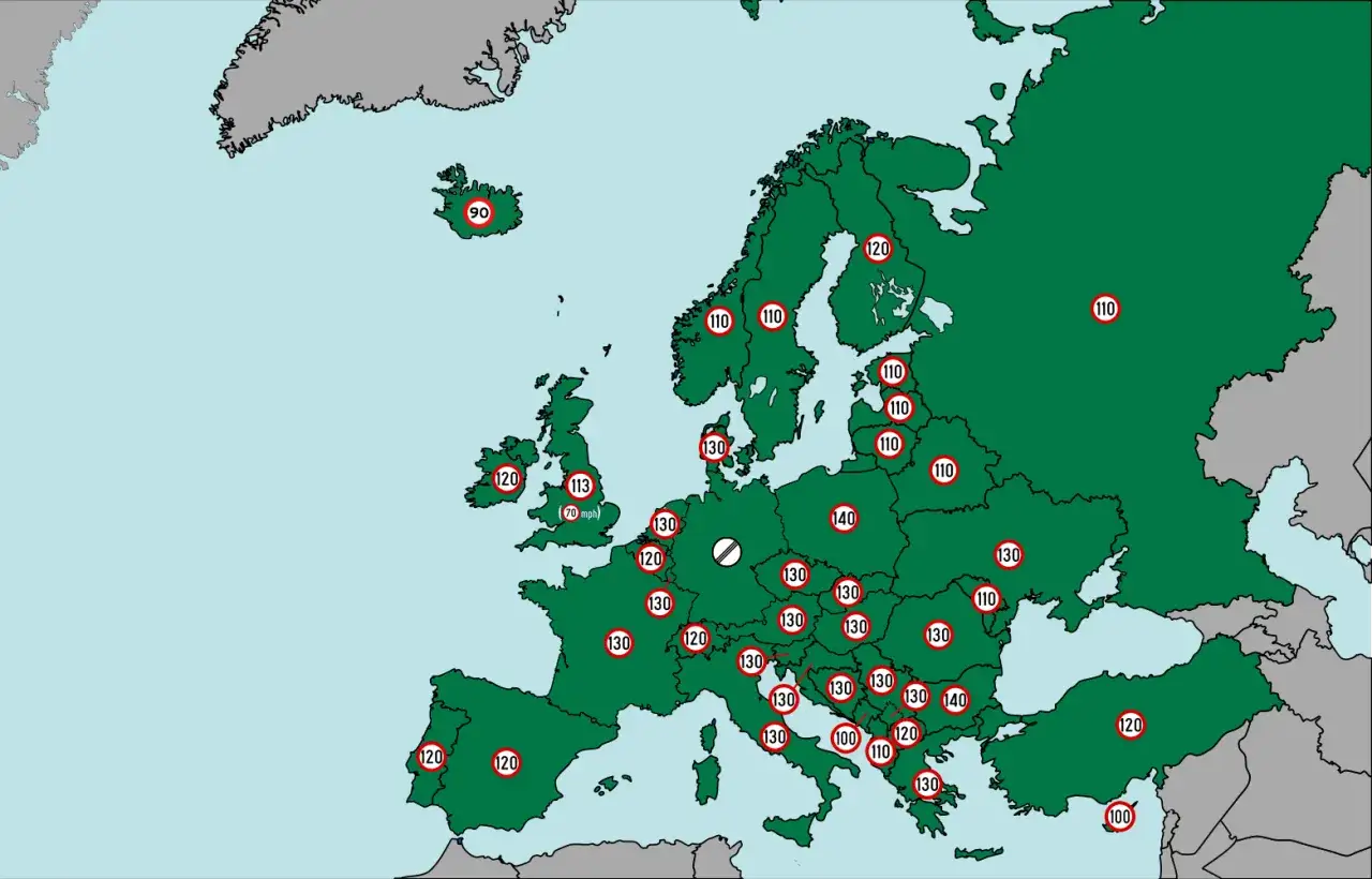Mapa muestra los límites de velocidad en Europa, con cifras como 90, 110, 120, 130 y 140 km/h.