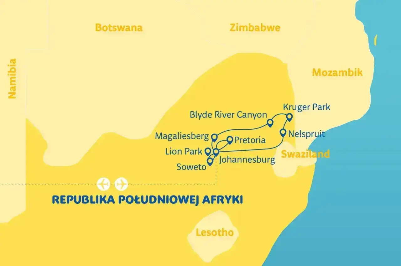 Mapa turystyczna Republiki Południowej Afryki z zaznaczonymi atrakcjami i trasą. Idealna na podróż, by poznać rpa pogoda i krajobrazy.