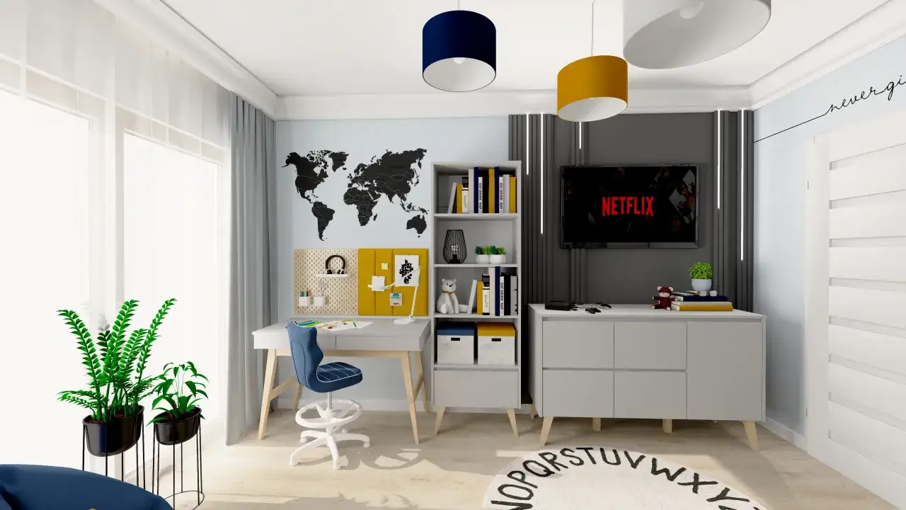 Nowoczesny granatowy pok&oacute;j dla chłopca z mapą świata, biurkiem i telewizorem.