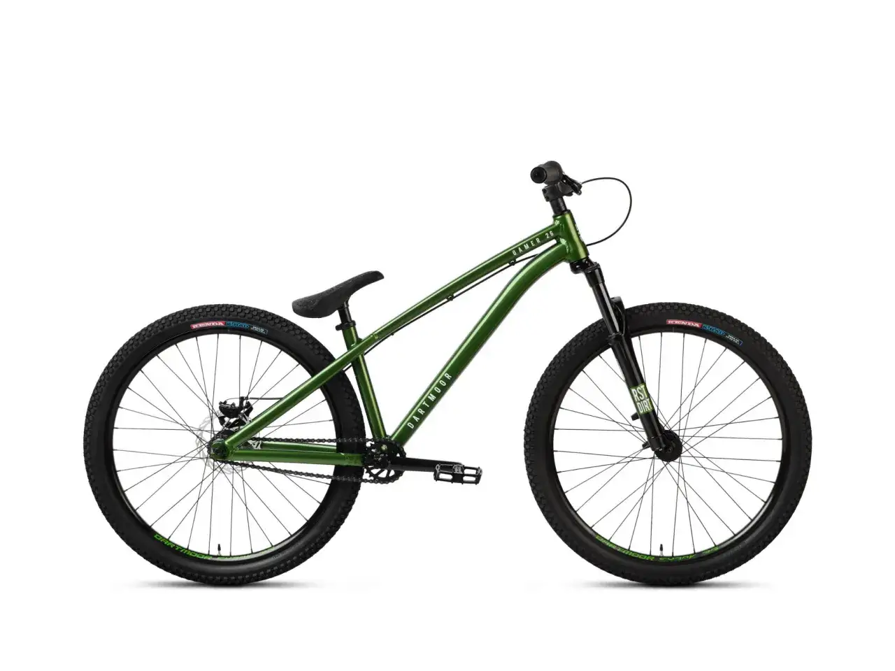 Zielony rower Dartmoor Gamer 26, idealny na pumptrack, z grubymi oponami i mocnym widelcem.