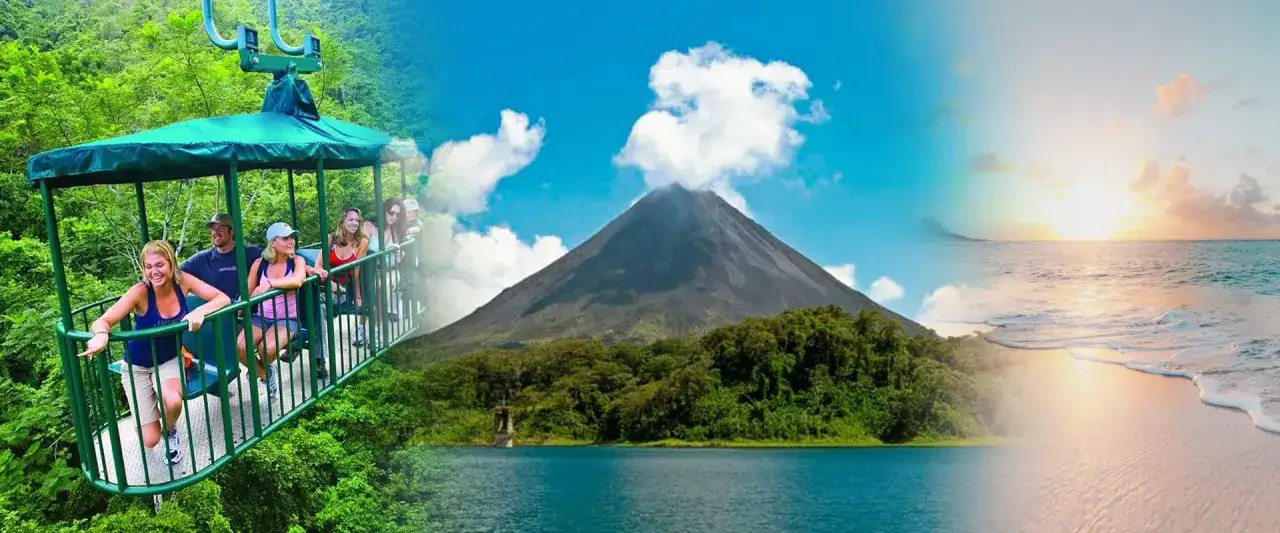 Disfruta de un viaje a Costa Rica: teleférico entre selva exuberante, el imponente volcán Arenal y playas doradas al atardecer.