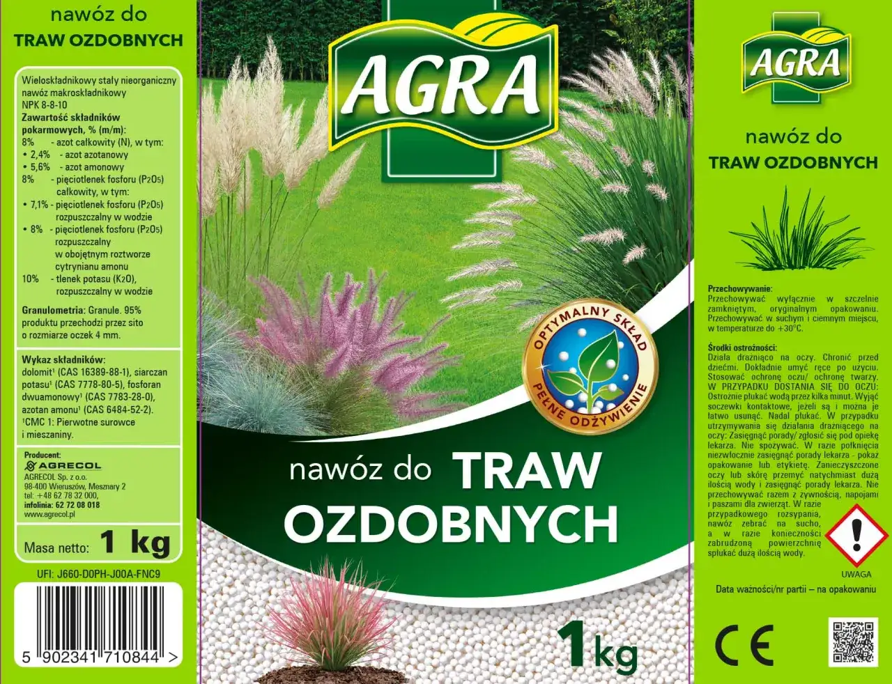 Nawóz do traw ozdobnych AGRA, 1 kg. Idealny do pielęgnacji traw ozdobnych, zapewnia im optymalny skład i pełne odżywienie.