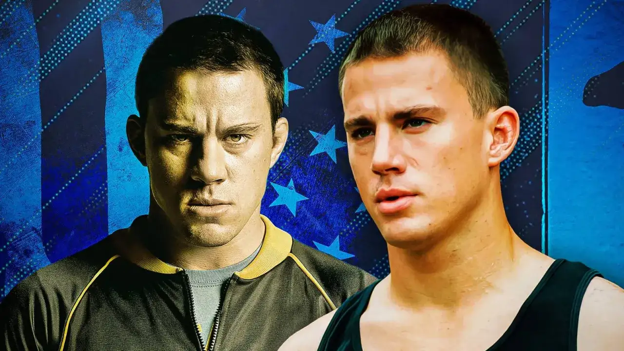 Dubbla Channing Tatum i en montagebild med blå stjärnor. Perfekt för fans av filmer med Channing Tatum.