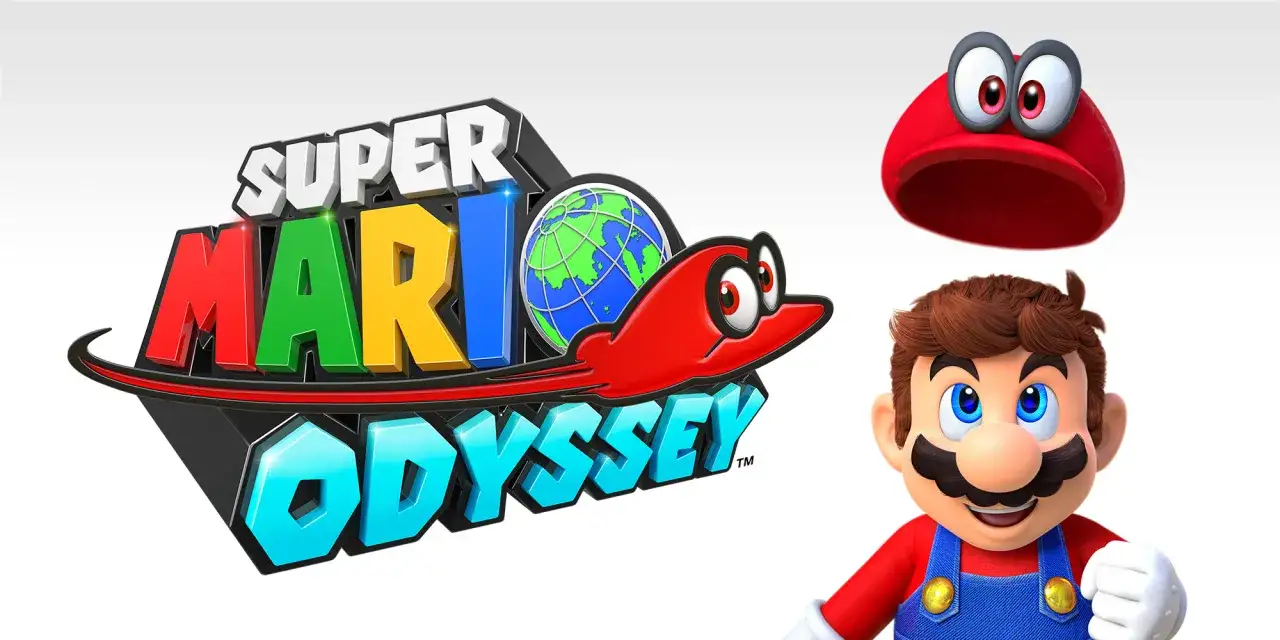 Super Mario Odyssey na PC! Mario, Cappy i logo gry z globusem.