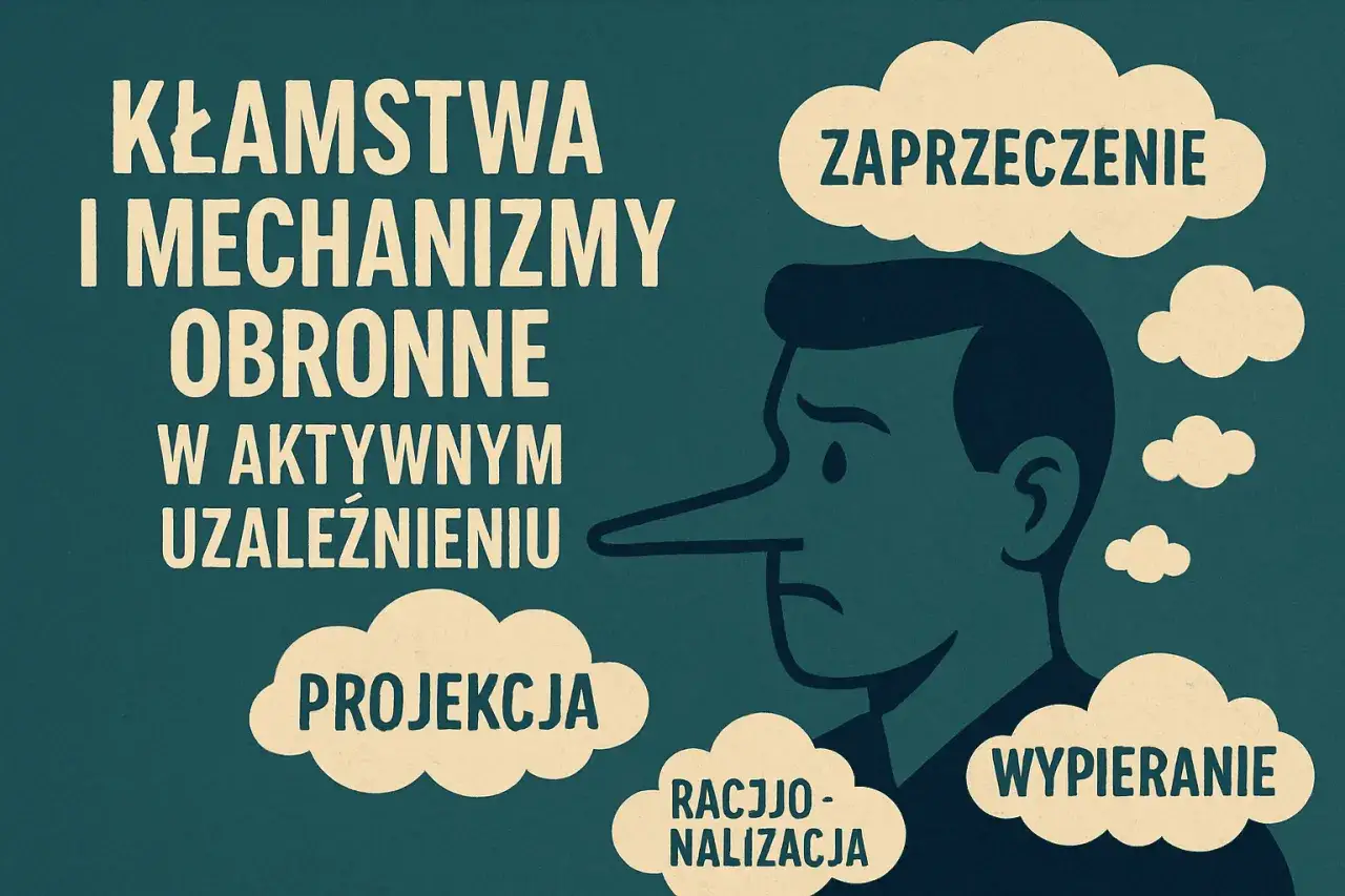 Kłamstwa i mechanizmy obronne alkoholika: zaprzeczenie, projekcja, racjonalizacja, wypieranie. Ilustracja przedstawia mężczyznę z długim nosem, symbolizującym kłamstwo, otoczonego chmurkami z nazwami mechanizmów obronnych.