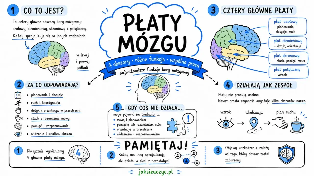Lewa półkula mózgu odpowiada za planowanie, decyzje, ruch, słuch, mowę, pamięć i analizę obrazu.