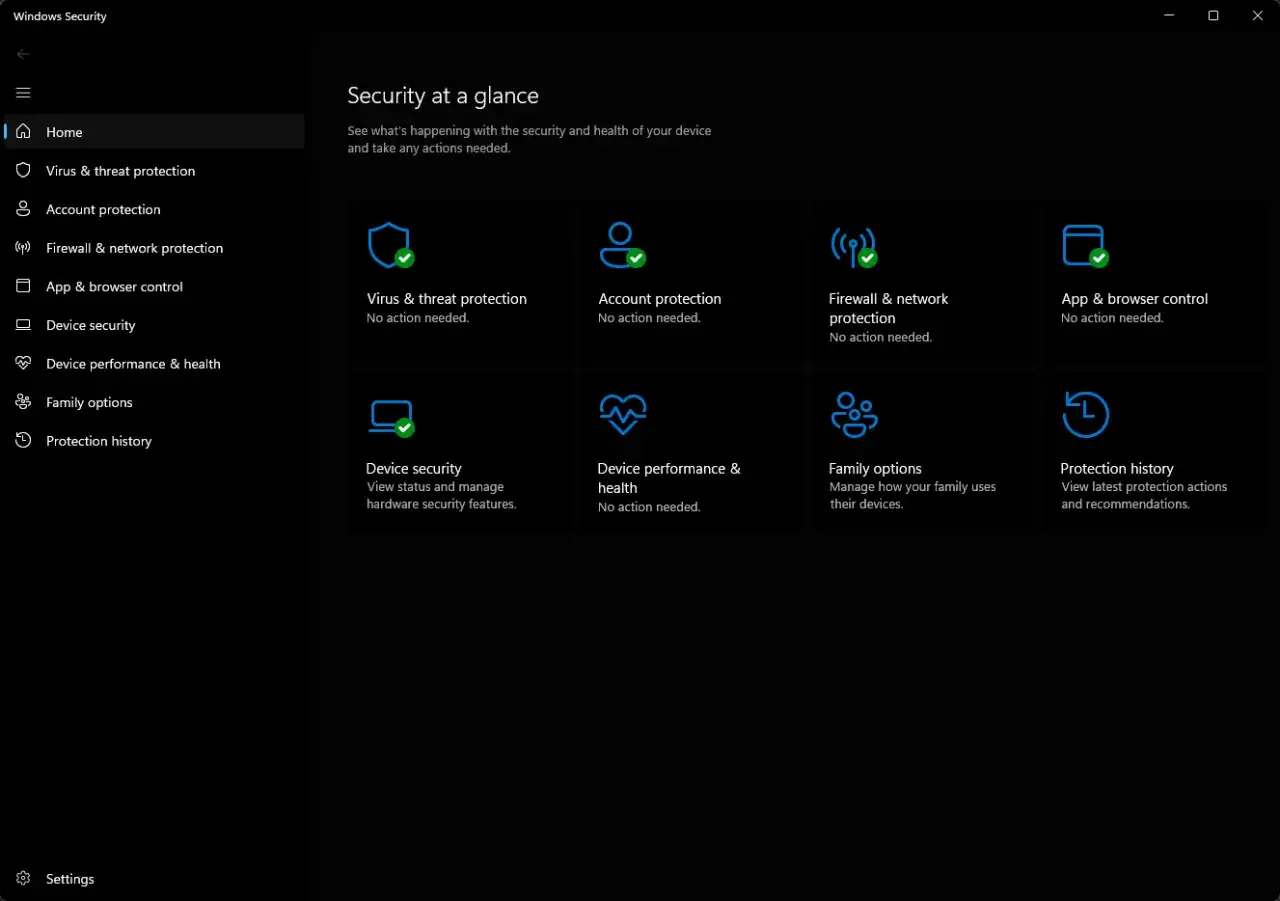 Ekran główny Windows Security, pokazujący stan ochrony przed wirusami i zagrożeniami, ochronę konta, zaporę sieciową, kontrolę aplikacji i przeglądarki, bezpieczeństwo urządzenia, wydajność i stan urządzenia, opcje rodzinne oraz historię ochrony. Wszys...