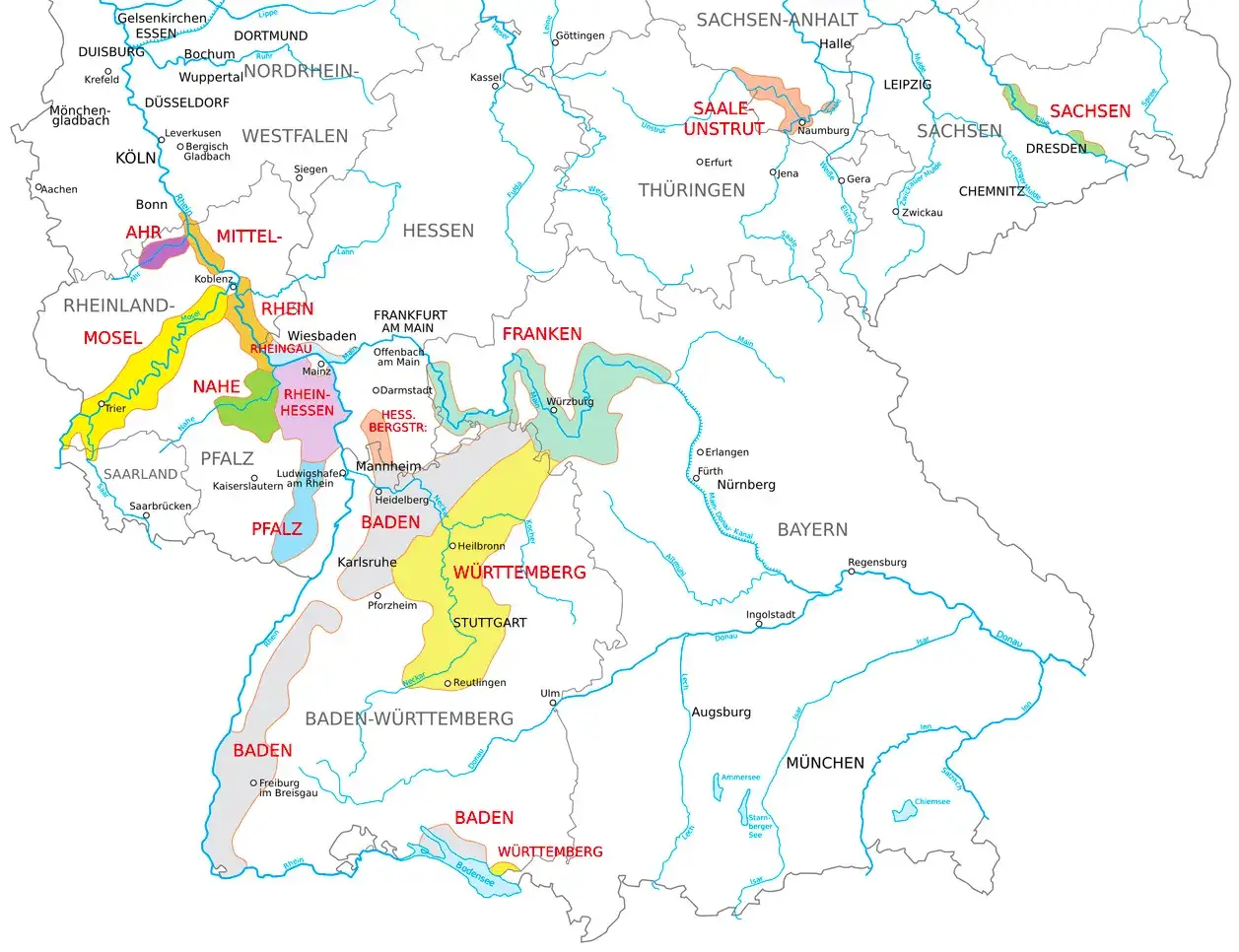 Karte deutscher Weinanbaugebiete: Mosel, Rhein, Pfalz, Baden, Württemberg, Franken, Saale-Unstrut, Sachsen. Hier ist die wein herkunft.