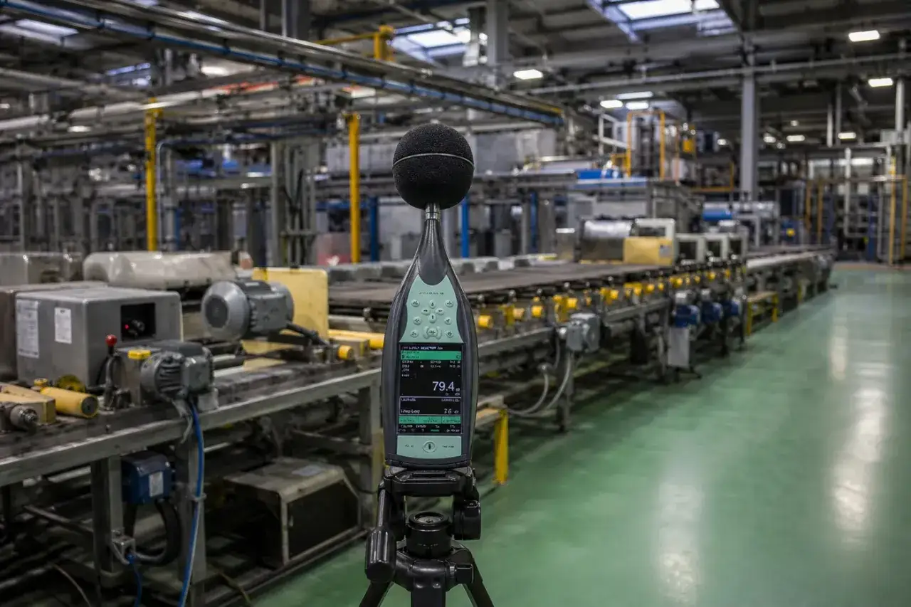 Sonómetro en trípode mide el nivel de presión sonora en una fábrica con maquinaria en funcionamiento.