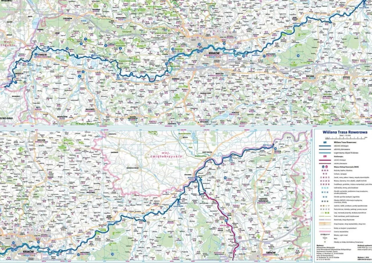 Mapa turystyczna z zaznaczoną wiślaną trasą rowerową, prowadzącą przez malownicze tereny Małopolski i Podkarpacia, z widocznymi miastami jak Kraków i Tarnów.