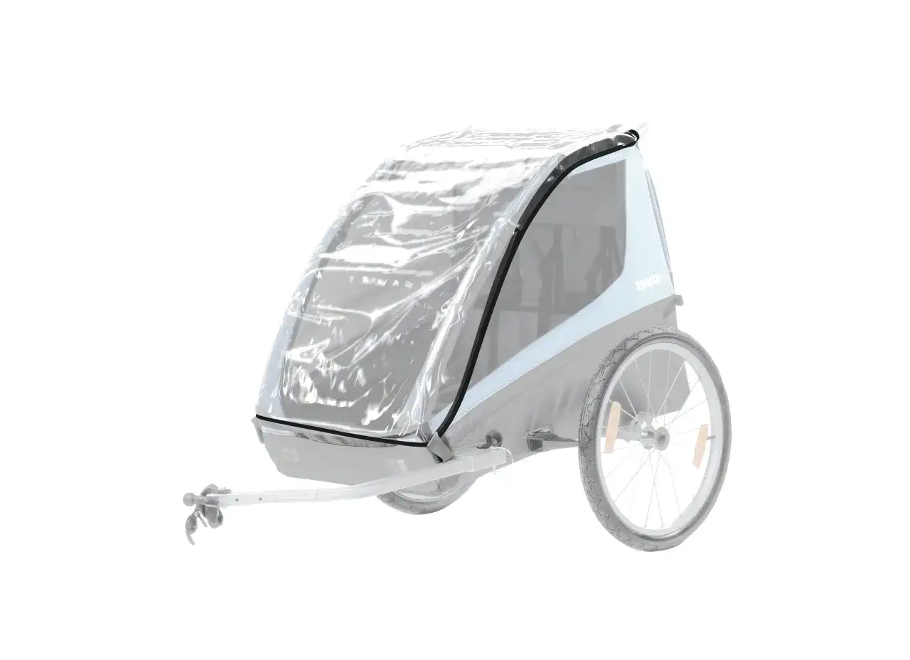Thule barnvagn med genomskinligt skydd som skyddar mot väder och vind.