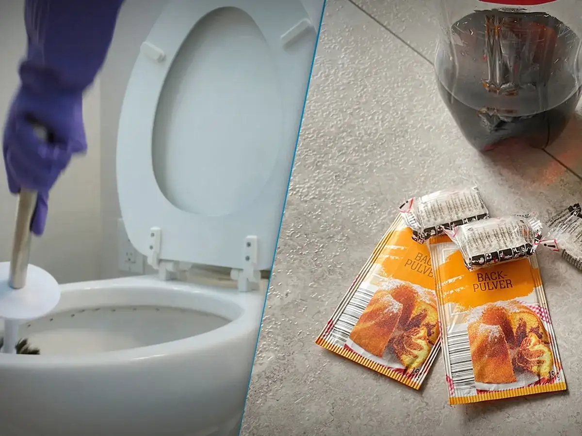 Mit Handschuhen wird die Toilette mit Backpulver und Cola gereinigt.