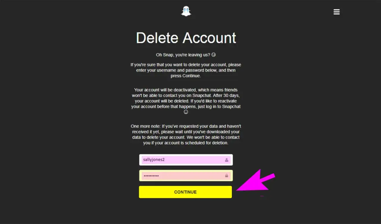 Ekran potwierdzający, jak usunąć konto na Snapie. Wpisz dane logowania i kliknij 