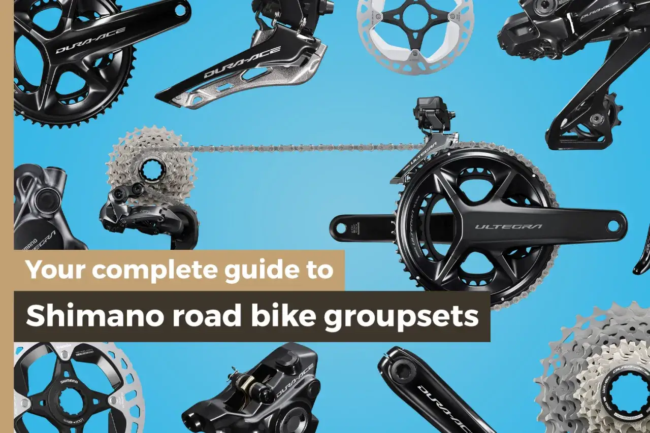 Zestawy **grupy osprzętu Shimano szosa**: Dura-Ace, Ultegra, kaseta, korba, przerzutki, hamulce tarczowe.