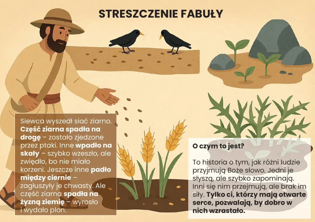 Przypowieść o siewcy: ziarno pada na drogę, skały, ciernie i żyzną ziemię. Tylko na żyznej ziemi wydaje plon, symbolizując przyjęcie Słowa Bożego.