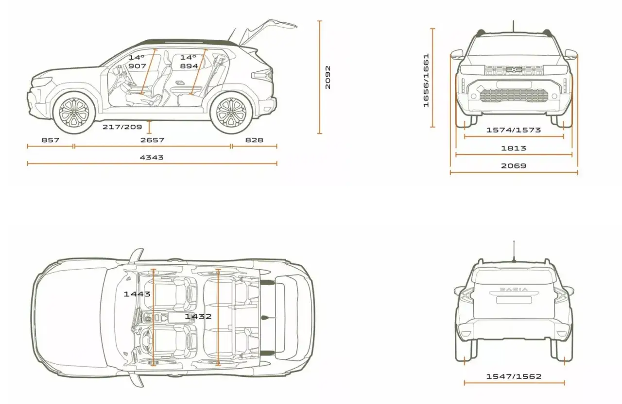 Schemat Dacia Duster 2 z wymiarami: długość 4343 mm, szerokość 1813 mm, wysokość 1656 mm. Widok z boku, przodu, tyłu i z góry.